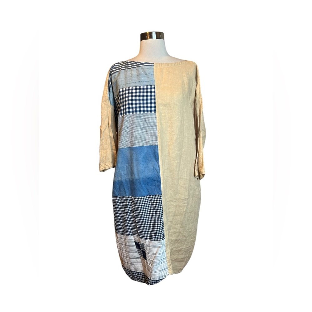 Museo Studio Dress One Size Linen Patchwork Midi Short Sleeve